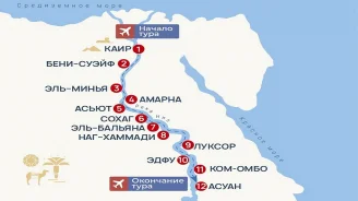 Карта маршрута из Каира в Асуан на теплоходе Jaz Al Qassida