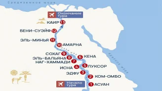 Карта маршрута из Асуана в Каир на теплоходе Jaz Al Qassida